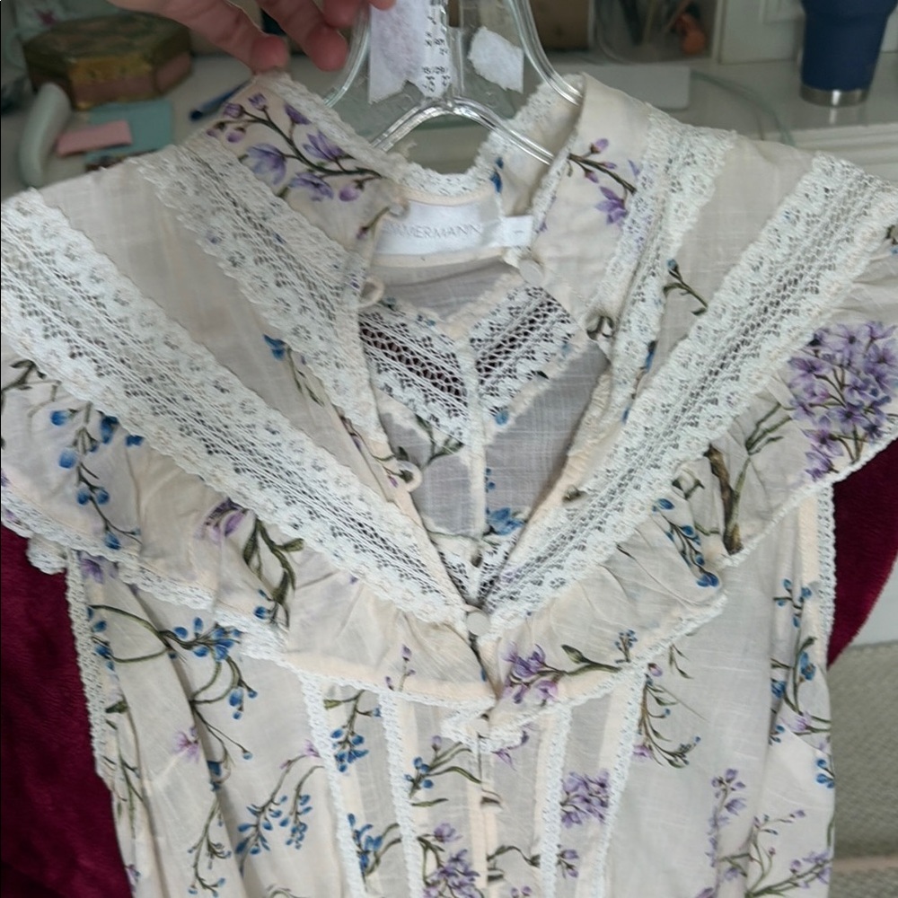 ZIMMERMANN- Boho Floral Lace Trim Sleeveless Tunic - Cream with Lavender & Blue - Picture 3 of 5